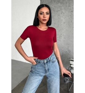 Rahat Ve Şık Kısa Kollu Bisiklet Yaka Likralı Viskon Penye Body Bordo