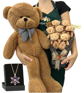Kişiye Özel Hediye Seti - Ametist Taşlı Lotus Kolye, 7'li Ayıcık Buketi ve Kahve Peluş Ayıcık (Model 4)