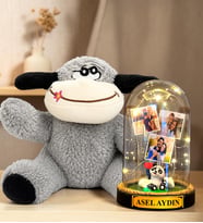 Kişiye Özel 3 Fotoğraflı Yazılı LED Işıklı Fanus ve Peluş Eşek Hediye Seti (pandalı)