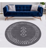 Beyaz Geometrik Çizgiler Desenli Bohem Dijital Baskı Yıkanabilir Kaymaz Taban Yuvarlak Salon Halısı (Gri-Beyaz)