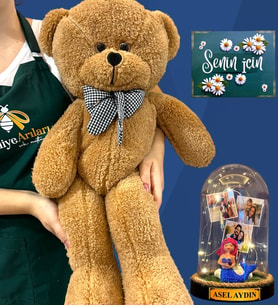 Sizlere Özel 3 Fotoğraflı, İsimli Işıklı Fanus ve Büyük Boy Kahve Peluş Ayıcık - Kişiselleştirilmiş Set (Model 7)