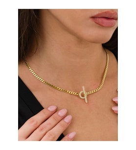 Altın T Bar Zirconia Taş Detaylı Kilit Choker Gurmet Zincirli Sevgiliye Eşe Anneye Hediye Kolye