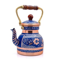 1,3 Litre El Işlemeli Nostaljik Tekli Kalaylı Bakır Demlik, Çaydanlık, Su Isıtıcısı (Mavi)