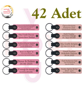 Pembe & Yavru Ağzı, 42’li Set, Kişisel Yazılı Deri Hatıra Anahtarlık, İngilizce Öğretmeninden Hediye
