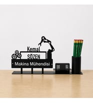 Makine Mühendisi Masa İsimliği - Kişiye Özel, Mesleklere Özel İsimlik - Metal Ofis İsimliği, Kalemlik ve Kartlık Seti- Yeni İş, Terfi Hediyesi