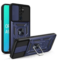 Oppo A5 2020 Kılıf Yüzüklü Standli Sürgülü Kamera Korumalı Tank Sert Silikon Kapak (Mavi)