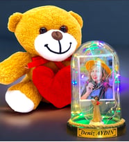 Kişiye Özel Renkli Led Işıklı Fanus ve Kalpli Peluş Ayıcık Hediye Seti (Model 5)