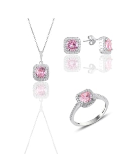 Söğütlü Silver Gümüş rodyumlu pembe taşlı kare üçlü set