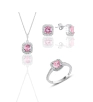 Söğütlü Silver Gümüş rodyumlu pembe taşlı kare üçlü set