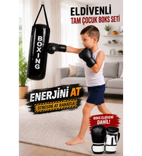 Çocuk Boks Seti 53 Cm x 20 Cm Boks Torbası + Boks Eldiveni + Tavan Kancası - 3' LÜ SET