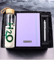 Kişiye Özel Mor Defter & Beyaz Touch Kalem & Bambu Kapaklı 600ml Cam Matara Hediye Seti