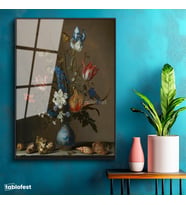 Siyah Renk Metal Çerçeveli Tamperli Cam Tablo Jan van Huysum Vazolu Çiçekler Deniz Kabukları Ressam Tablosu Dekoru