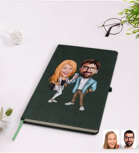 BK Gift Kişiye Özel Sevgililer Karikatürlü Yeşil Termo Deri Defter Model 93