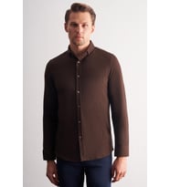 Koyu Kahverengi Smart Düğmeli Yaka Uzun Kol Cepsiz Slim Fit Casual Gömlek 1004255169