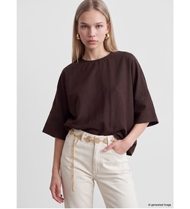 LCW Vision Kahverengi Bisiklet Yaka Geniş Kollu Oversize Bluz