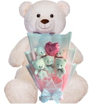 Premium 90 cm Peluş Ayı ve Kalp Balonlu Romantik Pembe Peluş Ayıcık Buketi (Beyaz)