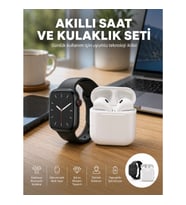 Mey İthalat® Akıllı Saat Gümüş Kasa Bluetooth Kulaklık Hediyeli Çok Fonksiyonlu İkili Set