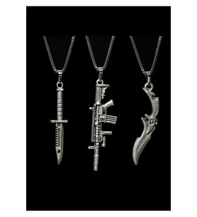 3 lü Set Antik Gümüş Kaplama Erkek Tarz Pubg Bıçak Tüfek Tarz Kolye