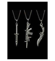 3 lü Set Antik Gümüş Kaplama Erkek Tarz Pubg Bıçak Tüfek Tarz Kolye