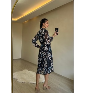 Neşeli butik kadın desenli gömlek yaka midi elbise NM011 (Mint Yeşili)
