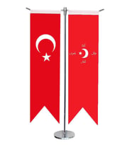 Masa Üstü Kırlangıç İttihat ve Terakki + Türk Bayrağı + Krom T Direk Masa Bayrak Seti