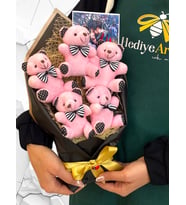 Kişiye Özel Fotoğraflı Ayıcık Buketi  Büyük Boy 5 Adet Pembe Ayıcıklı  Sevgiliye Hediye Doğum Günü Hediyesi (Siyah)