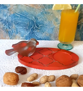 Kırmızı Kuşlu Ahşap Fincan Altlığı Sunumluk (KAHVE-KIRMIZI)