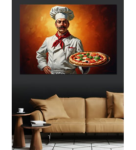Elinde Pizza Tutan Şef Aşçı Dekoratif Kanvas - Mdf Ahşap Tablo