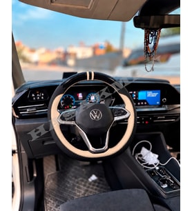 Vw T-Roc Dikme Direksiyon Kılıfı Parlak Siyah Bej Detaylı Bej Çift Yüzük ve Dikiş 2022-2026