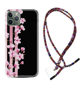 Apple iPhone 11 12 13 14 Pro Max Kılıf Boyun Asklı Rasta Silikon Pink Flowers 3 1393