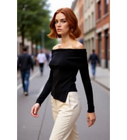 Kadın Fitted Carmen Yaka İnce Triko Kazak Uzun Standart Kol Düz Premium İplik Sonbahar Şıklığı