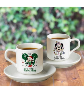 Mickey & Minnie Mouse & Yılbaşı & Mutlu Yıllar Tasarımlı Türk Kahvesi Fincanı Seti İkili