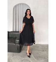 Neşeli butik kadın kuşaklı midi boy şifon elbise NBK4116 (Siyah)