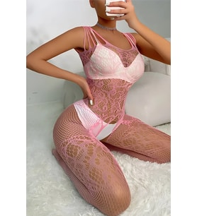 Pembe Askılı Dantel Detaylı File Vücut Çorabı TM1453