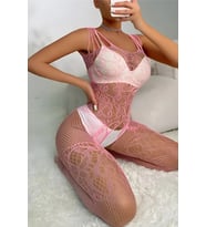 Pembe Askılı Dantel Detaylı File Vücut Çorabı TM1453
