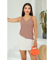 Lupinn Moda Kadın Renkli Çizgili Askılı Bluz – V Yaka, Halka Askı Detaylı, Yazlık ve Rahat Kombin Pa (Çok Renkli)