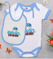 BK Kids Kahvaltı Zamanı Tasarımlı Mavi Bebek Body Zıbın ve Mama Önlüğü Hediye Seti-1