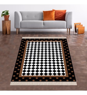 Geometrik Karo Desenli Dijital Baskı Yıkanabilir Kaymaz Taban Modern Salon Halısı ve Yolluk (Beyaz)