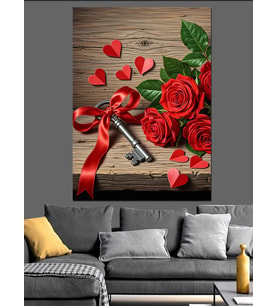 Kırmızı Güller Romantik Anahtar Dekoratif Kanvas - Mdf Ahşap Tablo
