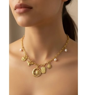 Çelik Gold Ay Güneş Charm'lı Kolye - 25-clkk141