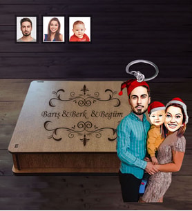 Kişiye Özel Yılbaşı Aile Karikatürlü Ahşap Anahtarlık Kutulu Model-1