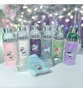 Figürlü Peluş Kılıflı Renkli Cam Matara Suluk 500 ml HK5017 (Pembe)