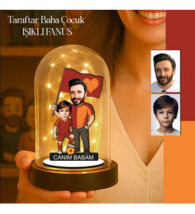 Kişiye Özel Karikatür Sarı Kırmızı Baba Oğul Taraftar Tasarımlı  IŞIKLI FANUS Biblo