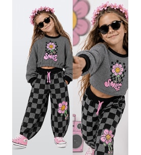 Kız Çocuk Eşofman Takım Crop Sweatshirt - Damalı Bol Eşofman Altı Oversize Kışlık (4-10 Yaş)