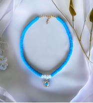LeylanTakı Altın Kaplama Kolye Uçlu Barok İncili Mavi Fimo Kolye