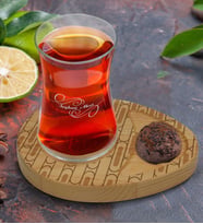 BK Gift Kişiye Özel Modern Art Tasarımlı Doğal Ahşap Tabaklı Heybeli Çay Bardağı Sunum Seti Model 19