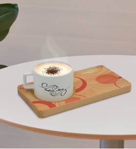 BK Gift Kişiye Özel Modern Art Tasarımlı Doğal Ahşap Tabaklı Seramik Fincan Sunum Seti  Model 13