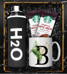 Özel Kılıflı Cam Şişe Matara & Kişiye Özel Harf Kupa & İkili Starbucks Mocha Hediye Seti