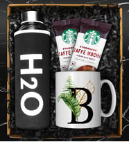 Özel Kılıflı Cam Şişe Matara & Kişiye Özel Harf Kupa & İkili Starbucks Mocha Hediye Seti
