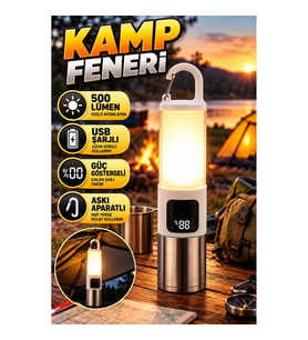 USB Şarjlı 500 Lümen LED Kamp Feneri – Güç Göstergeli ve Askı Aparatlı